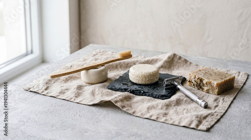 Sustainable zero-waste personal care products in a minimalist bathroom.