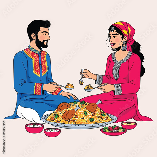 South asian couple enjoying traditional chicken biryani meal together sitting on floor