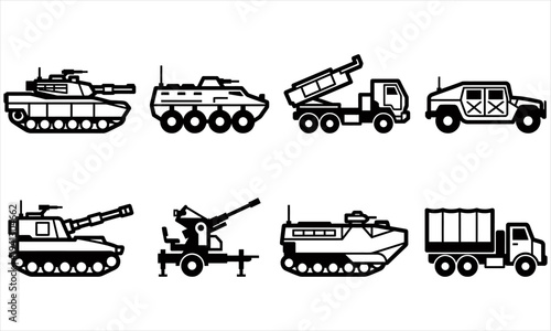 Title
Military vehicle icon set with tank armored vehicle missile launcher artillery truck and combat transport symbols