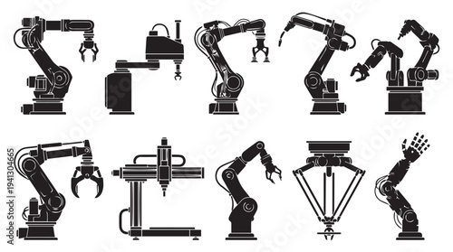 Industrial robotic arms in various configurations with mechanical parts in black silhouette on white background for manufacturing and automation