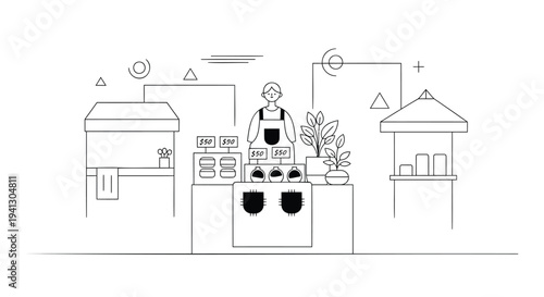 Vector illustration of a person cooking in a kitchen with eco-friendly elements