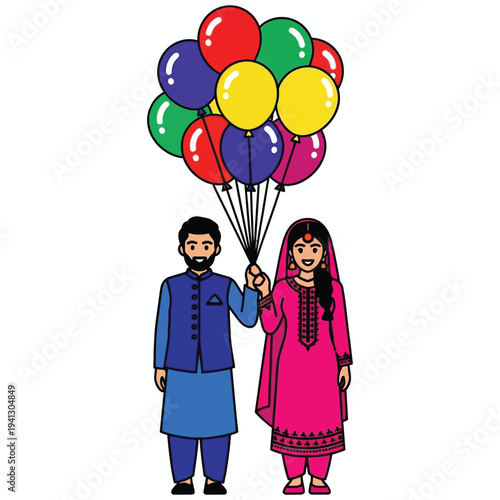 Happy pakistani couple holding colorful bunch of balloons dressed in festive ethnic attire