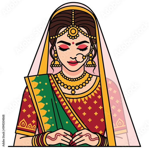 Beautiful indian bride in traditional red and green saree with golden bridal jewelry