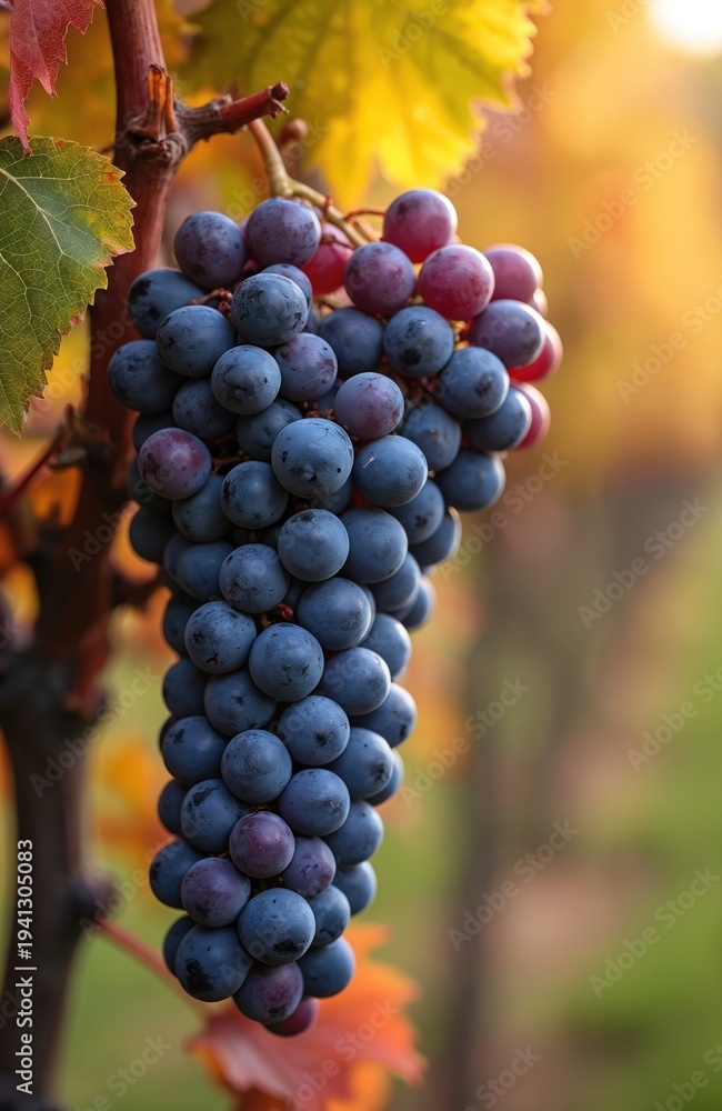 Fototapeta premium Close up of ripe dark grapes on vine in vineyard during autumn harvest season. Ripe fruit cluster ready for winemaking in Burgundy France countryside.