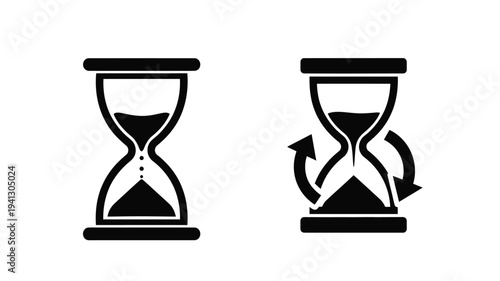 Two hourglasses depicting time one with flowing sand in silhouette