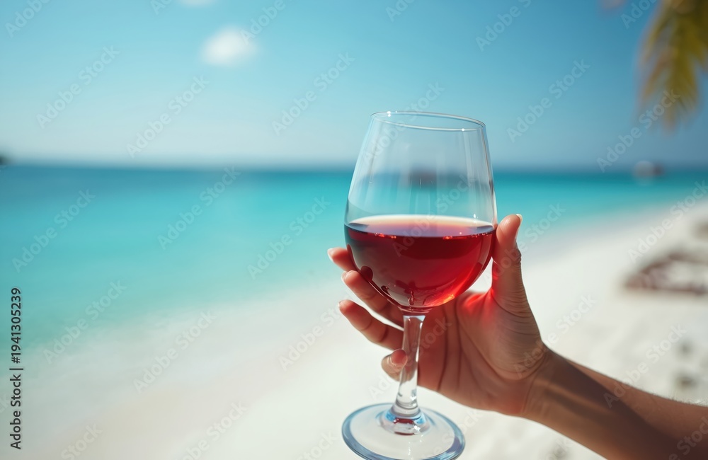 Naklejka premium Hand holds wine glass with red beverage against blue ocean horizon and white sandy beach. Relaxing tropical vacation on sunny day perfect for celebration or romantic getaway.