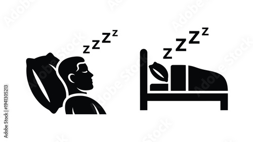 Restful sleep depicted with a person and bed black silhouette