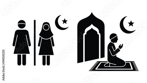 Islamic figures with crescent moons and a mosque black silhouette