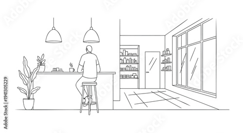Vector illustration of a man sitting at a cafe counter