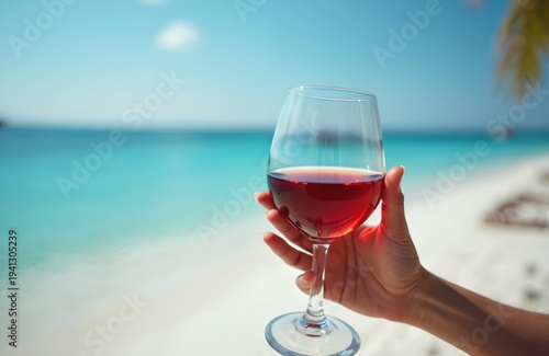 Hand holds wine glass with red beverage against blue ocean horizon and white sandy beach. Relaxing tropical vacation on sunny day perfect for celebration or romantic getaway.