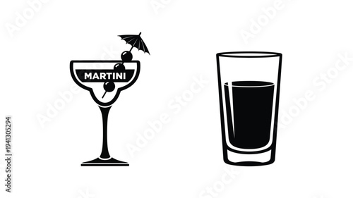 Two cocktail glasses one with olives presented as a silhouette