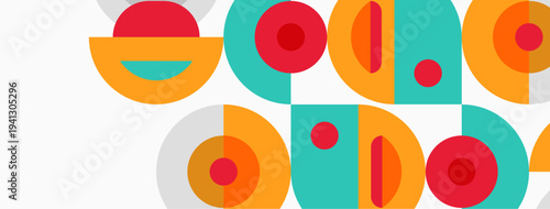 Abstract geometric shapes, circles, semicircles, vibrant colors. Minimalist design, flat illustration, modern aesthetic.