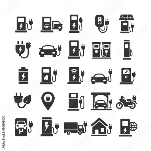 Electric vehicle charging icon set featuring cars, bikes, and charging stations.