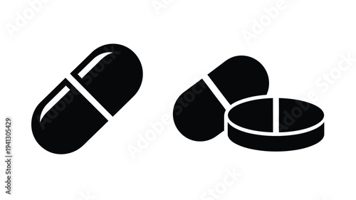 Black pill and tablet shapes displayed as a stark silhouette