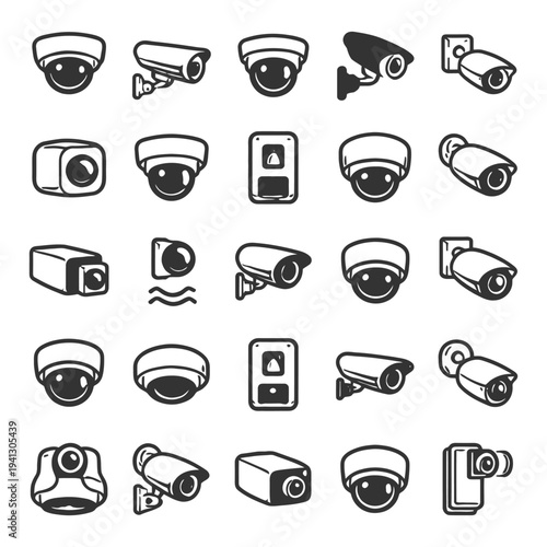 Icon set of various surveillance cameras in black and white.