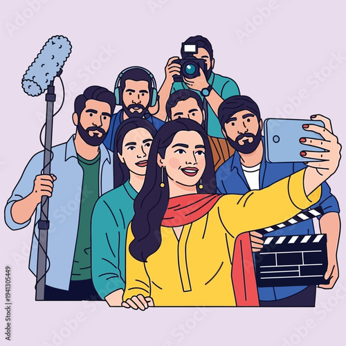 Pakistani film crew taking a selfie together, entertainment industry, film production, behind the scenes, movie making
