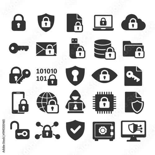 Cybersecurity icon set featuring locks, shields, and digital security symbols.