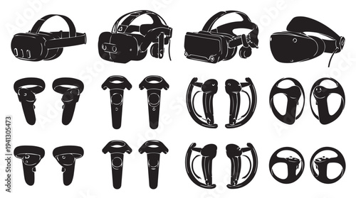 Virtual Reality Headsets in Various Designs and Views in Black Silhouette on White Background for Tech Illustration