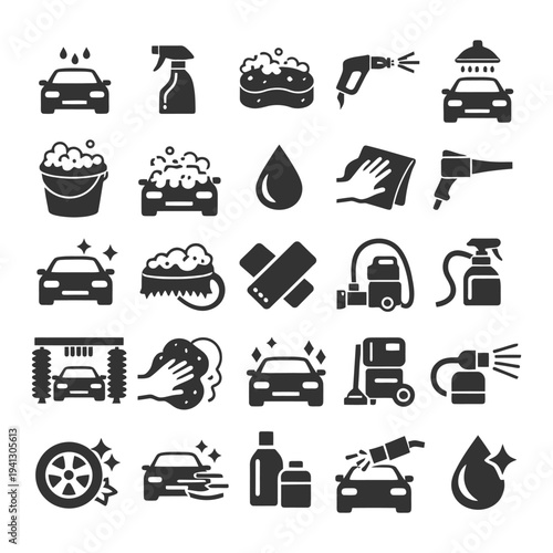 Comprehensive car wash icon set: tools and equipment for vehicle cleaning maintenance.