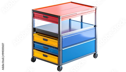 Colorful rolling tool chest with drawers isolated on black backdrop for studio use