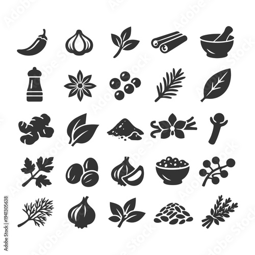 Collection of spice and herb icons including garlic, pepper, basil, and more.