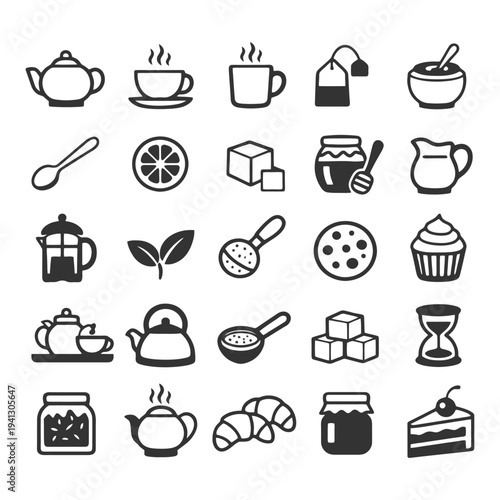 Tea and pastry icons collection including teapot, mug, sugar cubes, honey, croissant.