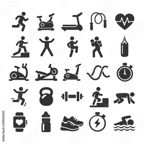 Fitness icons collection: running, cycling, weightlifting, swimming, heart rate.