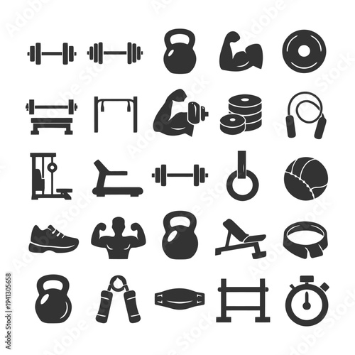 Fitness equipment icons: dumbbells, kettlebells, treadmill, punching bag, stopwatch.