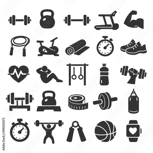 Fitness icons: weights, cardio, and equipment symbols for exercise and wellness.