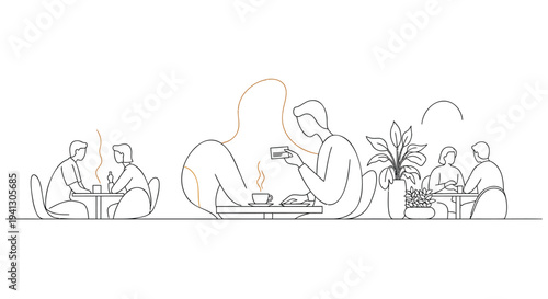 Continuous line drawing of people sitting at cafe tables