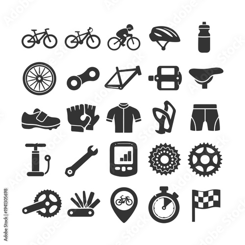 Cycling icons: gear, accessories, apparel, transportation, fitness.