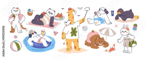 Cute summer animals at beach vacation, tropical sea resort. Funny bear, cat, dog, giraffe, baby characters relaxing, swimming and sunbathing. Flat vector illustration isolated on white background