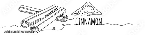 Continuous one line drawing of cinnamon sticks and powder with stylized typography for food and spice branding