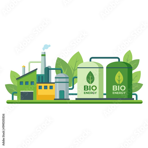A factory produces bio energy with tanks and smokestack in an industrial landscape.