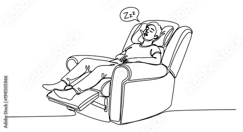 Continuous line drawing of a man sleeping peacefully in a comfortable recliner chair