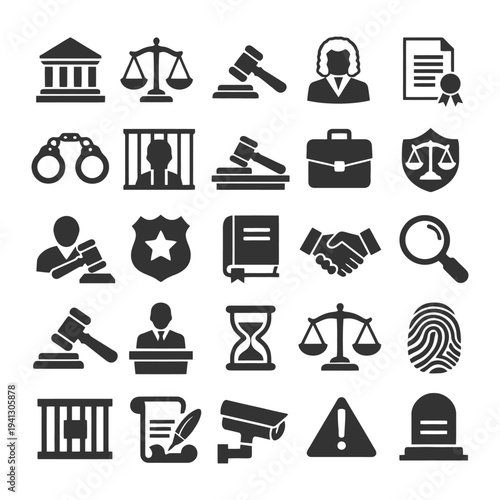 Law and justice icons set: scales, gavel, court, police, documents.