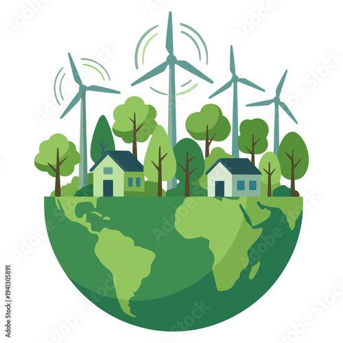 Wind turbines generate power near eco-friendly homes on a green globe with trees.