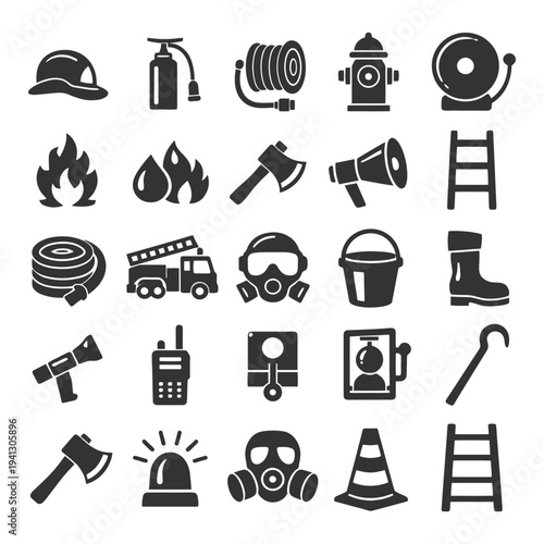 Firefighting equipment icons: helmet, extinguisher, fire hydrant, axe, gas mask.