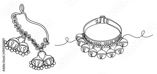 Single continuous line drawing of traditional indian ghungroo bells and ethnic dance anklets jewelry