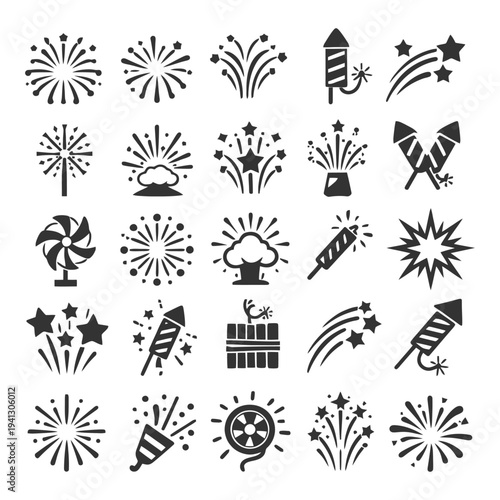 Black and white firework icons set with rockets, sparklers, and explosions.