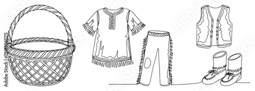 Continuous one line drawing of traditional native american clothing set with fringed buckskin apparel and woven basket
