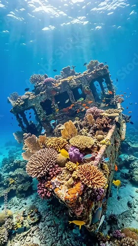 Stunning Underwater Scene of a Colorful Coral Reef and Shipwreck in a Tropical Environment