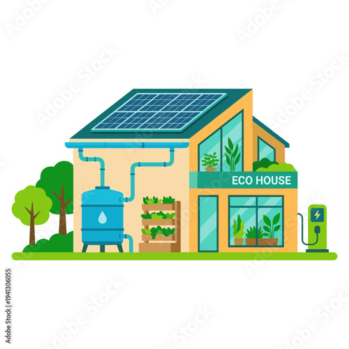 An eco-friendly house with solar panels and a water tank is surrounded by trees and plants.