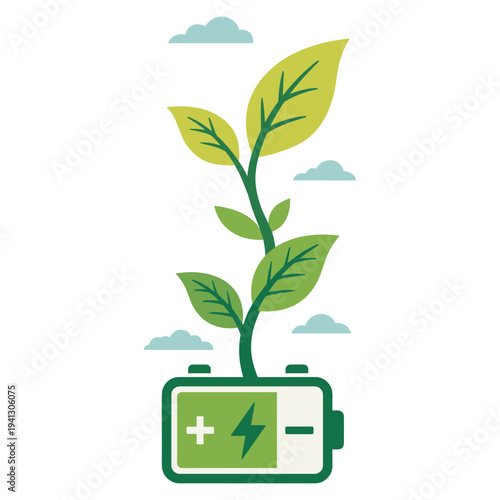 A green plant grows out of a rechargeable battery symbolizing eco-friendly energy storage technology.