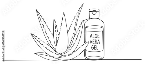 Single continuous line drawing of an aloe vera plant and cosmetic gel bottle for skincare