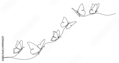 Obraz na plátně Continuous one line drawing of several butterflies flying in a decorative row