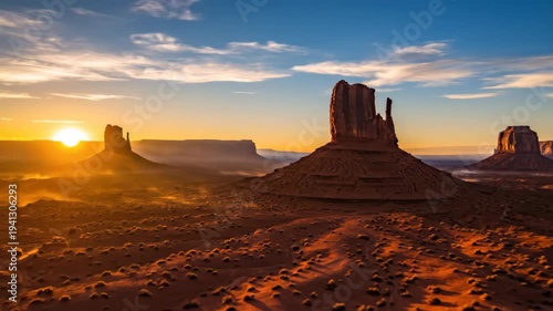 Desert landscape with rock formation at sunset. Monument Valley buttes with sunrise light and sweeping clouds. Natural beauty of arid environment.