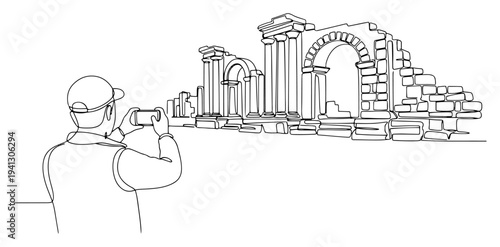 Single continuous line drawing of a traveler taking pictures of ancient ruins using a mobile phone