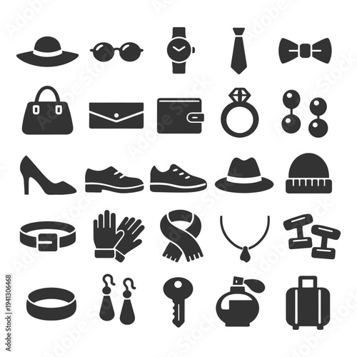 Collection of fashion accessories and jewelry icons in silhouette.