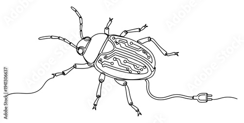Continuous one line drawing of a robotic cyber beetle with circuit board wings and electric plug